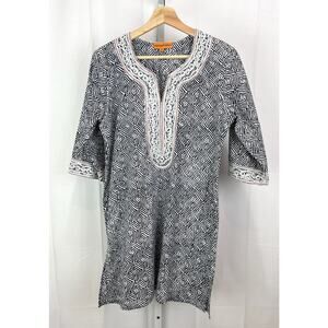 ROBERTA FREYMANN Size M Printed Tunic Top 3/4 Sleeve Geometric Navy Blue White